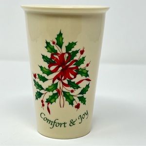 Lenox American by Design travel tumbler mug no lid “Comfort & Joy” holly ribbon